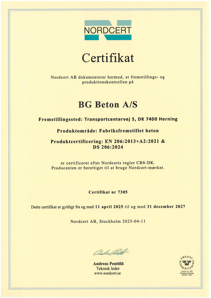 Nordcert Certifikat, DK 01 BG Beton, Herning