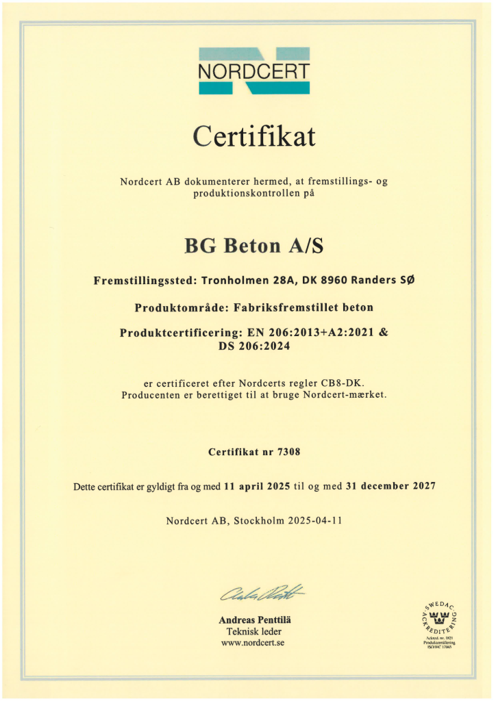 Nordcert Certifikat, DK 04 BG Beton, Randers