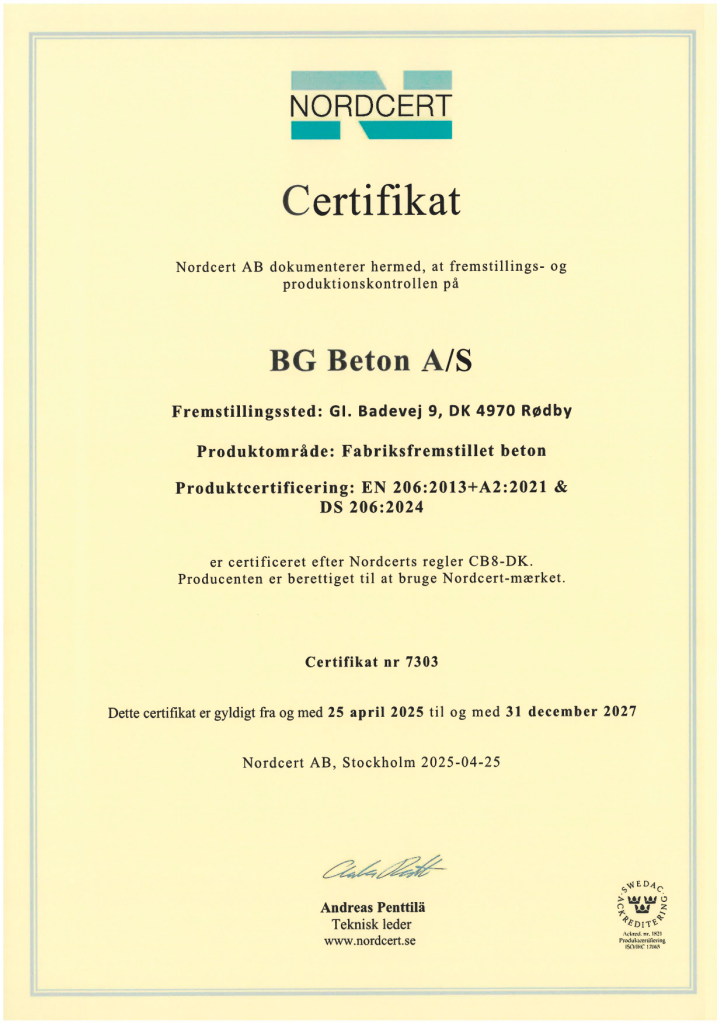 Nordcert Certifikat, DK 05 BG Beton, Rødby